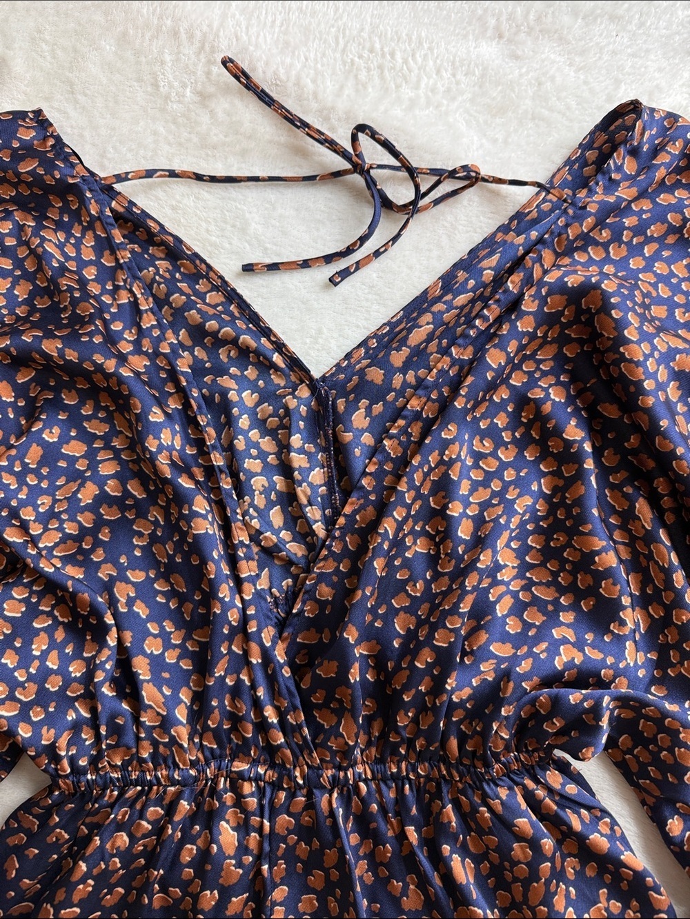 Glam Navy & Copper Leopard Print Long Sleeve Romper Open Back Boho Playsuit NWT - Picture 7 of 14